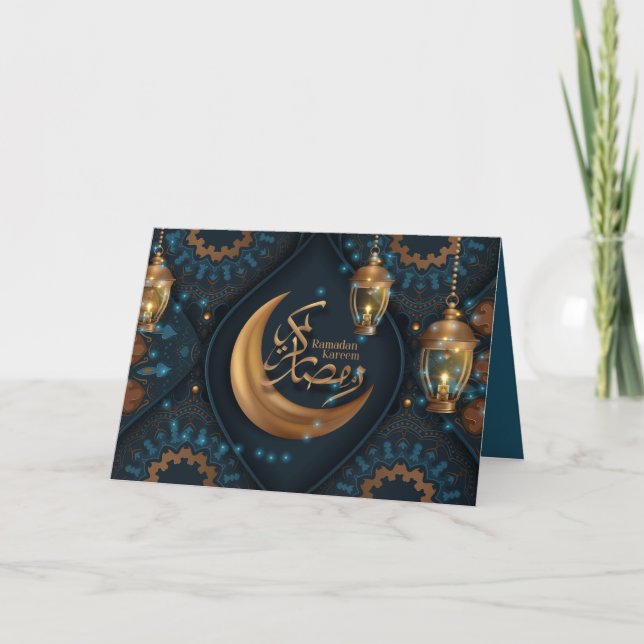 Ramadan Mubarak Gold Crescent Arabic Pattern Blue  Holiday Card (Front)