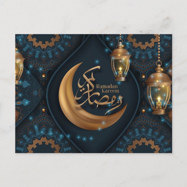 Ramadan Mubarak Gold Crescent Arabic Pattern Blue  Holiday Postcard (Front)
