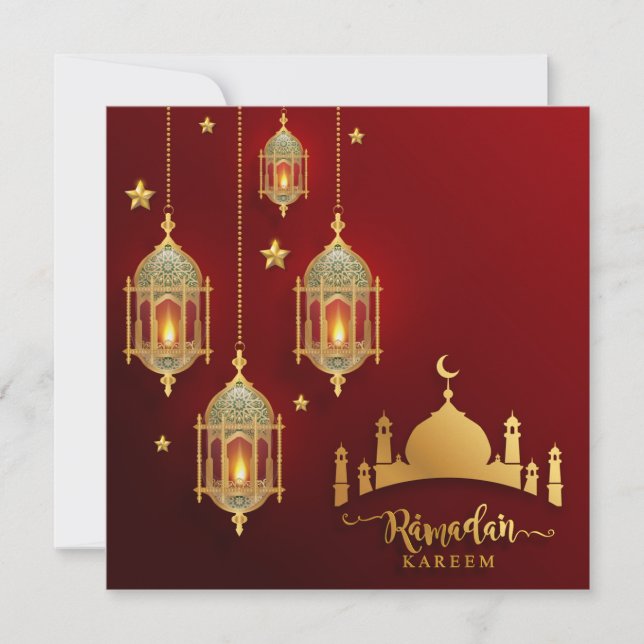 Ramadan Mubarak Gold Mosque Islamic Lantern Red Holiday Card (Front)