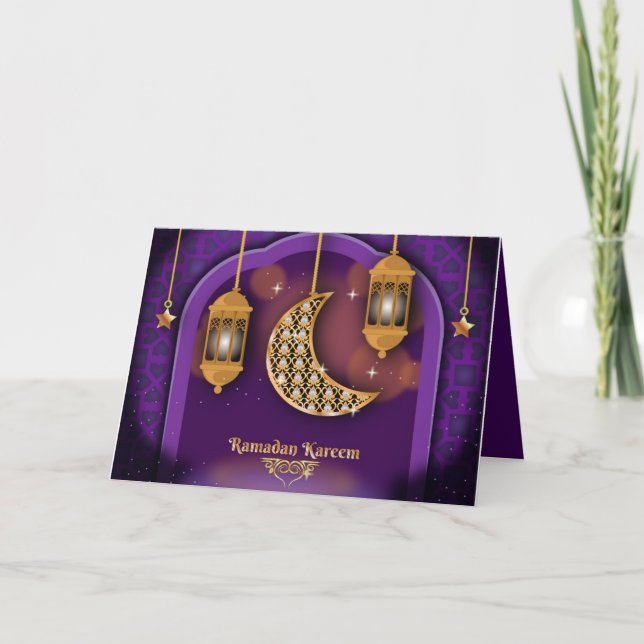 Ramadan Mubarak Islamic Lantern Crescent Purple  Holiday Card (Front)