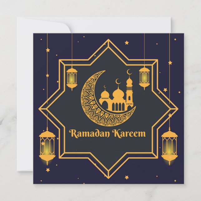 Ramadan Mubarak Islamic Lantern Star Crescent Blue Holiday Card (Front)