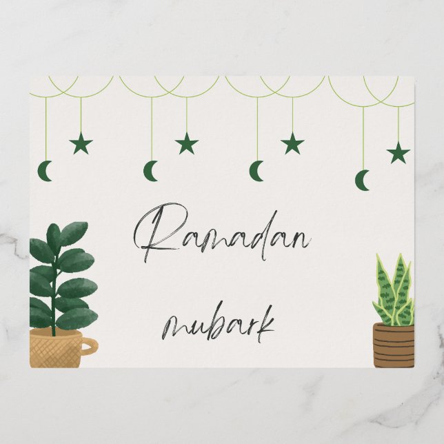 Ramadan mubark with green plant foil holiday postcard (Front)