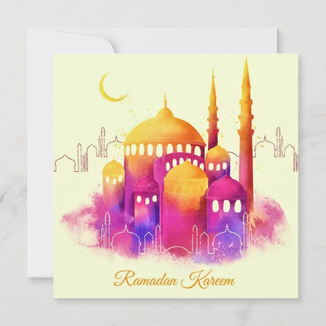 Ramadan Watercolor Gold Mosque Crescent   Holiday Card (Front)