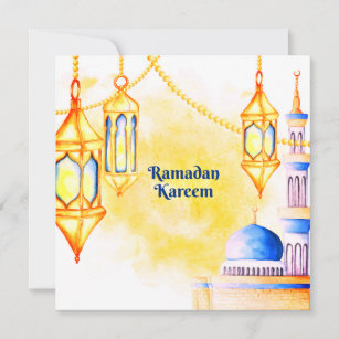 Ramadan Watercolor mosque ,star and lanterns  Holiday Card