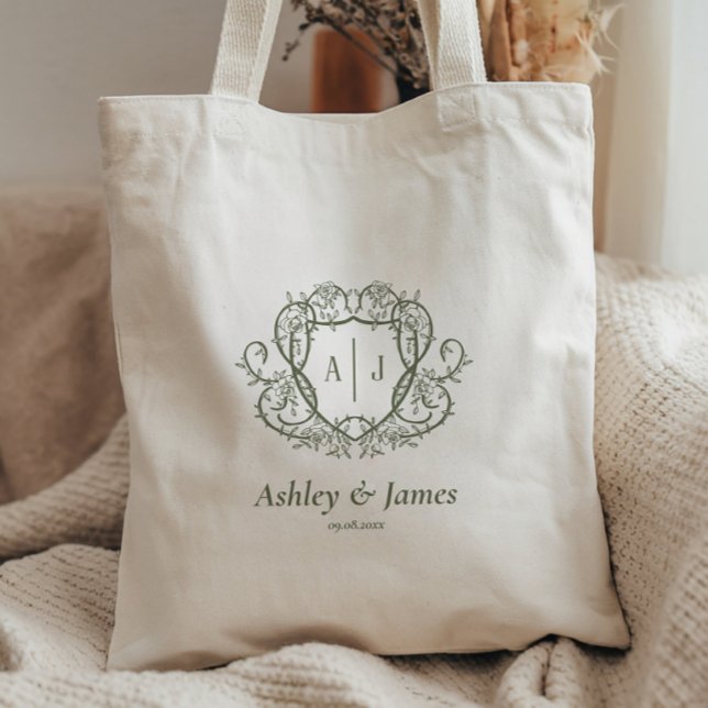 Rambling Rose Garden Monogram Crest Wedding Tote Bag (Creator Uploaded)