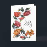 Rambling Rose Peace and Joy Card<br><div class="desc">Watercolour of lovely,  rambling red and peach roses,  with two bees and a butterfly,  a reminder of slow,  joyful,  summer days. Perfect  for wishing peace and joy for the Christmas and holiday season,  to lovers of nature,  flowers,  and all things beautiful.</div>