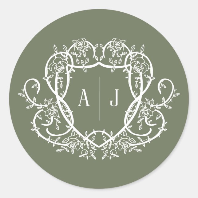Rambling Rose Sage Monogram Crest Wedding Classic Round Sticker (Front)