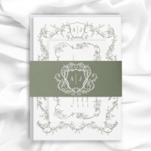 Rambling Rose Sage Monogram Crest Wedding Invitation Belly Band