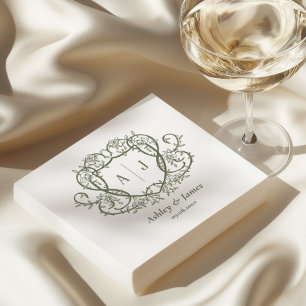 Rambling Rose Sage Monogram Crest Wedding Napkin