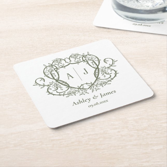 Rambling Rose Sage Monogram Crest Wedding Square Paper Coaster (Angled)