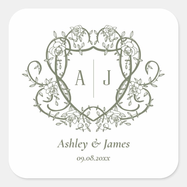Rambling Rose Sage Monogram Crest Wedding Square Sticker (Front)