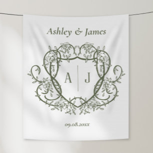 Rambling Rose Sage Monogram Crest Wedding Tapestry