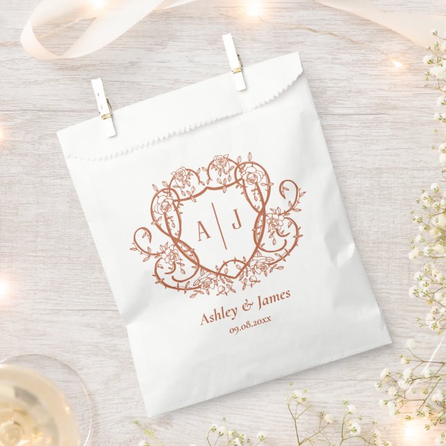 Rambling Rose Terracotta Monogram Crest Wedding Favour Bag (Clipped)