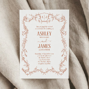 Rambling Rose Terracotta Monogram Crest Wedding Invitation
