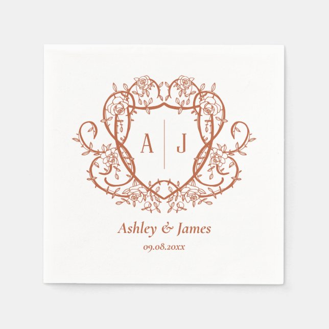 Rambling Rose Terracotta Monogram Crest Wedding Napkin (Front)