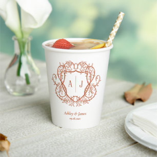 Rambling Rose Terracotta Monogram Crest Wedding Paper Cups