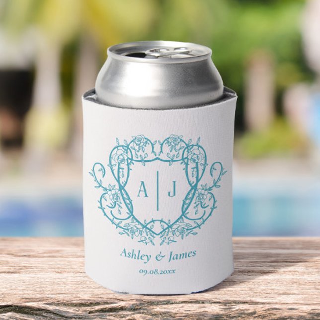 Rambling Rose Turquoise Monogram Crest Wedding Can Cooler (Creator Uploaded)