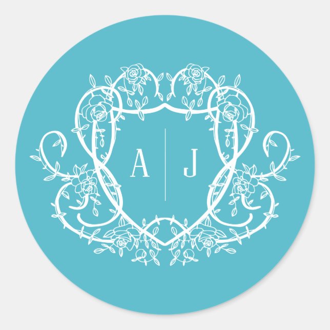 Rambling Rose Turquoise Monogram Crest Wedding Classic Round Sticker (Front)