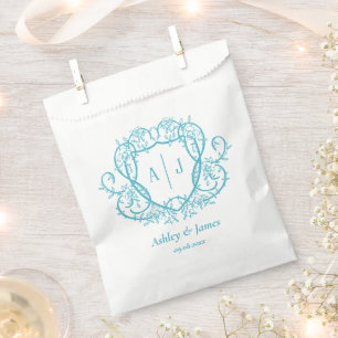 Rambling Rose Turquoise Monogram Crest Wedding Favour Bag