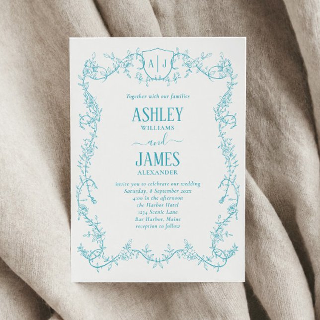 Rambling Rose Turquoise Monogram Crest Wedding Invitation (Creator Uploaded)