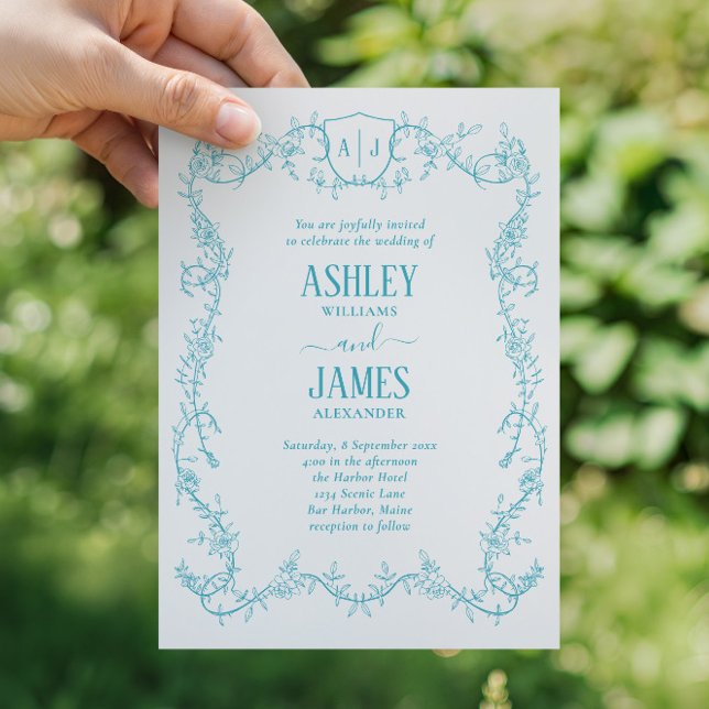 Rambling Rose Turquoise Monogram Crest Wedding Invitation (Creator Uploaded)