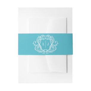 Rambling Rose Turquoise Monogram Crest Wedding Invitation Belly Band