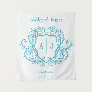 Rambling Rose Turquoise Monogram Crest Wedding Tapestry