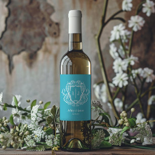 Rambling Rose Turquoise Monogram Crest Wedding Wine Label