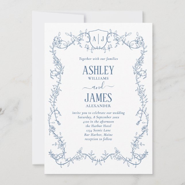 Rambling Rose Vine Blue Monogram Crest Wedding Invitation (Front)