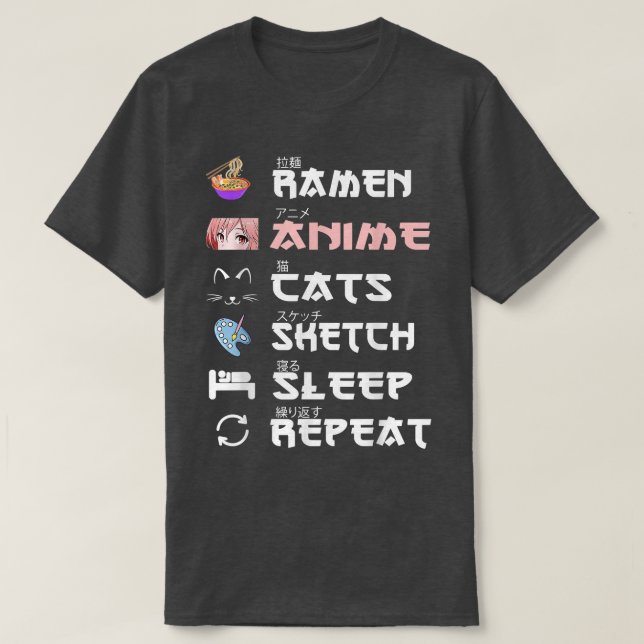Ramen Anime Cats Sketch Sleep Repeat  T-Shirt (Design Front)