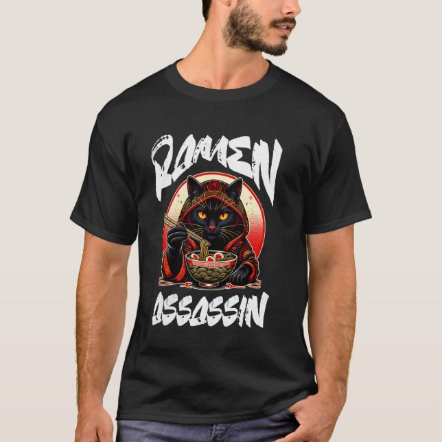 Ramen Assassin Black Cat Funny Japanese Ramen Nood T-Shirt (Front)