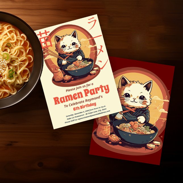 Ramen Birthday Party with Japanese Ramen Cat Invitation (Creator Uploaded)