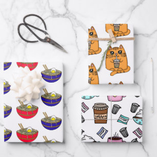 Ramen, Boba Tea and Coffee Birthday Wrapping Paper Sheet
