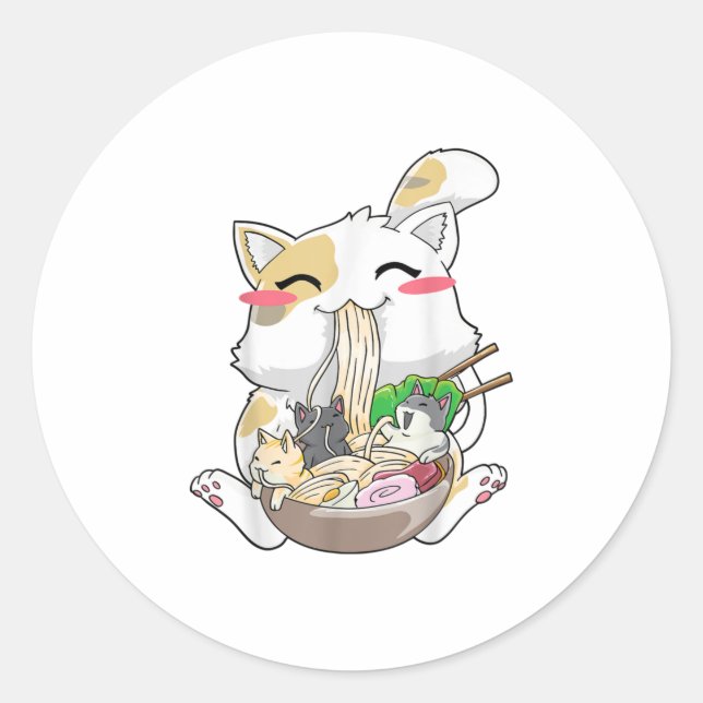 Ramen Cat Anime Kawaii Neko Ramen Bowl Classic Round Sticker (Front)