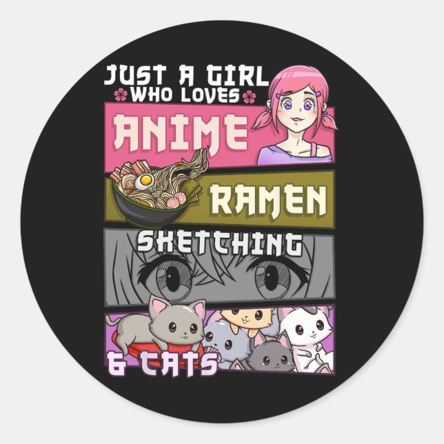 Ramen Cat Anime Sketching Just A Girl Who Loves  Classic Round Sticker (Front)