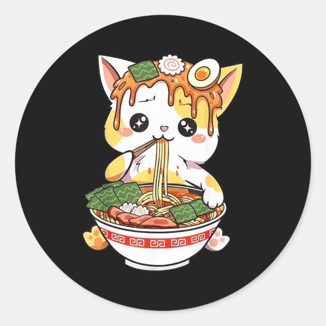 Ramen Cat Design Kawaii Style Funny Japanese Anime Classic Round Sticker (Front)