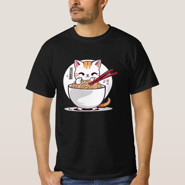 Ramen Cat Eating Noodles Design T-Shirt (Front)