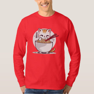 Ramen Cat Eating Noodles Design T-Shirt