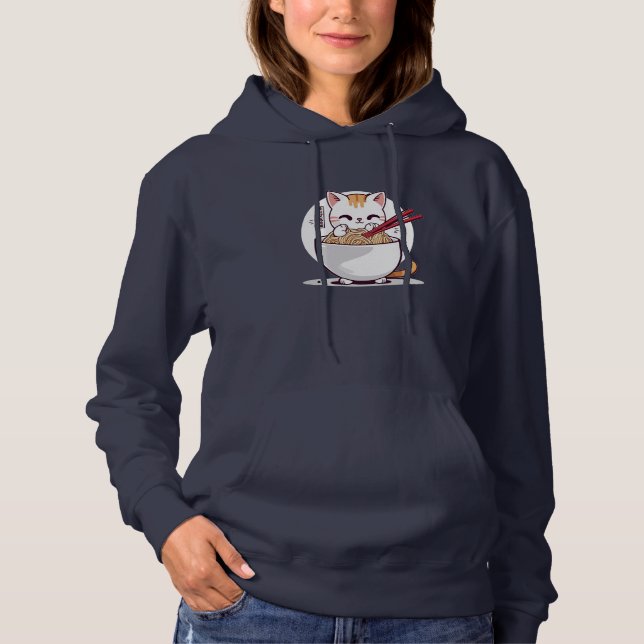 Ramen Cat Eating Noodles Design T-Shirt Hoodie (Front)