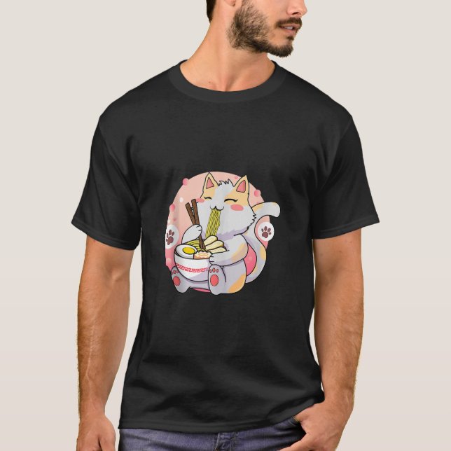 Ramen Cat Kawaii Anime Cat Eating Ramen Japanese N T-Shirt (Front)