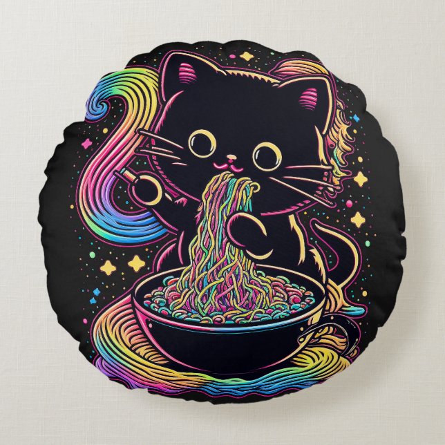 Ramen Cat Round Throw Pillow (16")  (Front)