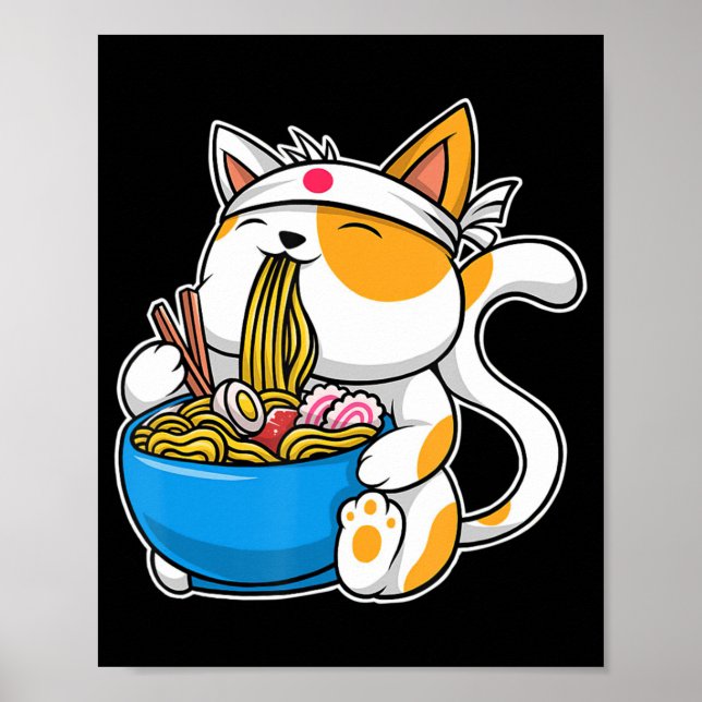 Ramen Cute Cat Kawaii Anime Japanese Food Neko Cat Poster (Front)
