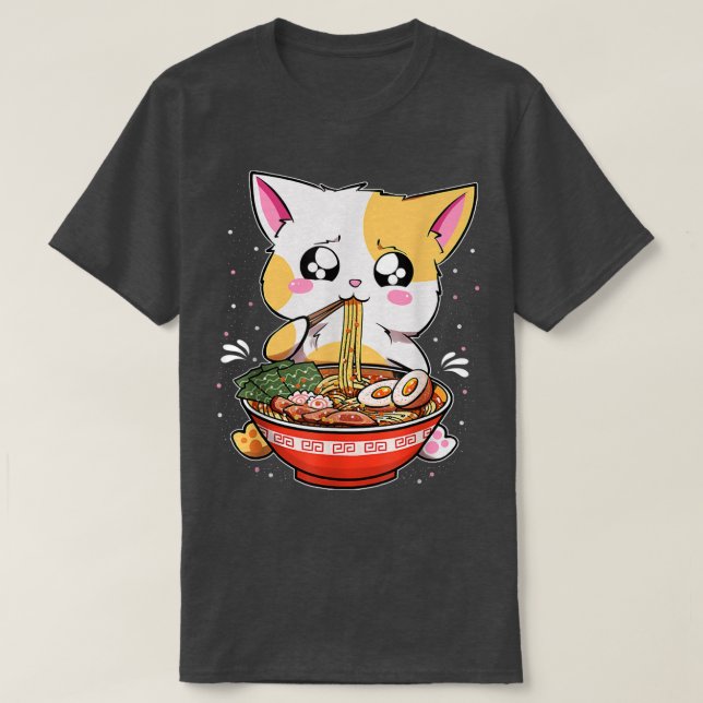 Ramen Eating Cat Kawaii Anime Baka Japanese  T-Shirt (Design Front)