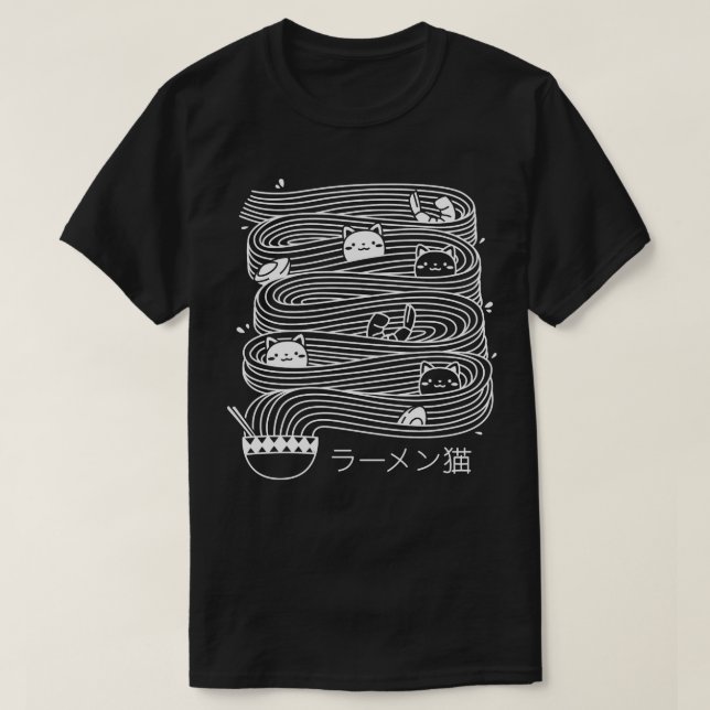 Ramen Lines Minimalist Cat Square Black and White  T-Shirt (Design Front)