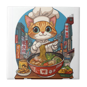 Ramen Neko � Funny Cat Chef Anime Food Ceramic Tile