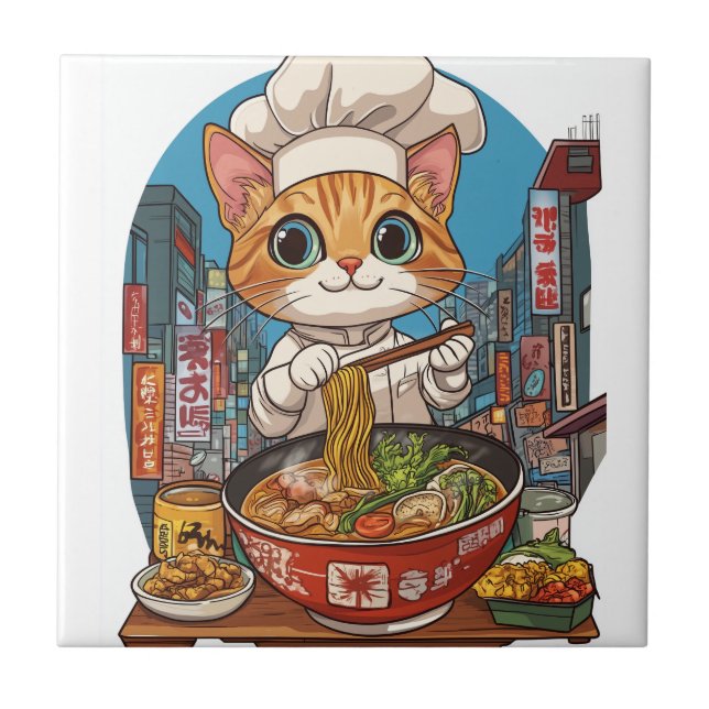 Ramen Neko � Funny Cat Chef Anime Food Ceramic Tile (Front)