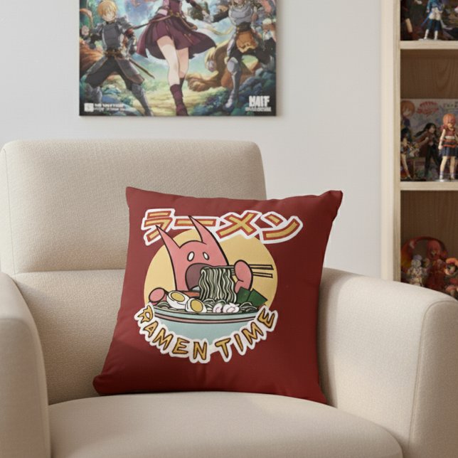 Ramen Noodle Monster Ramen Time! Throw Pillow (Creator Uploaded)