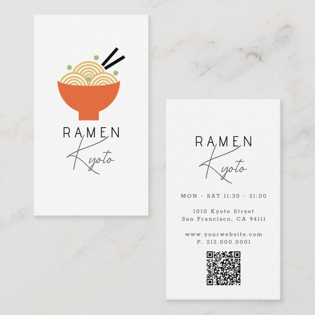 Ramen Restaurant White QR Code Business Card (Front/Back)