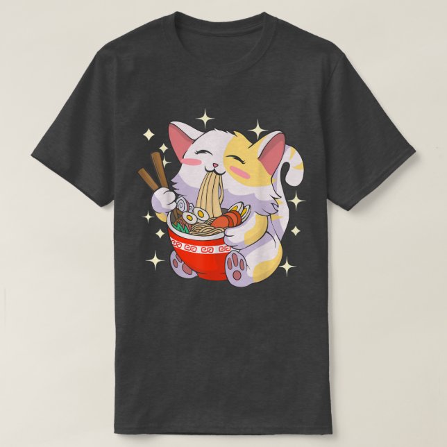 Ramen Shirt Cat Eating Noodles Japanese Food Anime (Design Front)