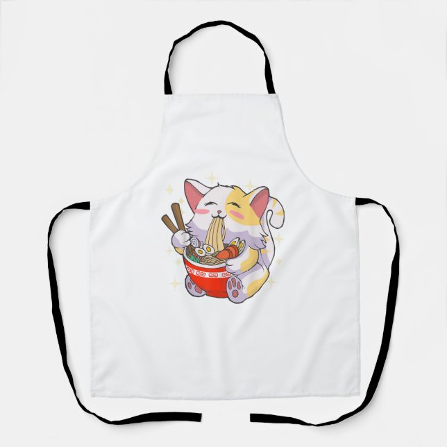 Ramen Shirt Cat Eating Noodles Japanese Food Anime Apron (Front)